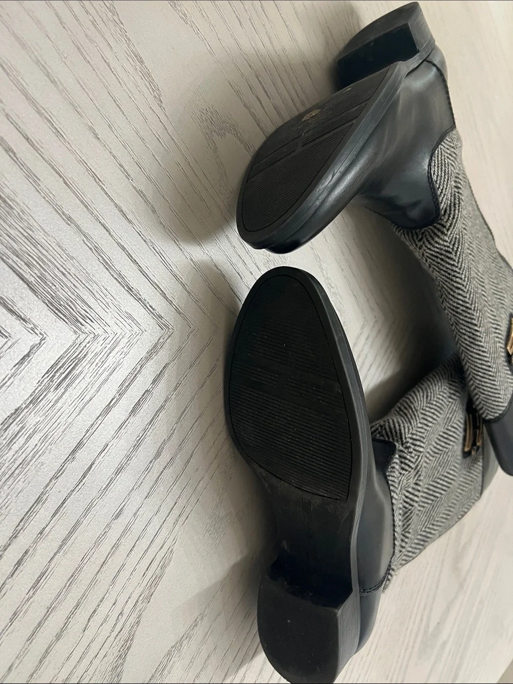 Black Leather and Herringbone Knee-High Riding Boots
